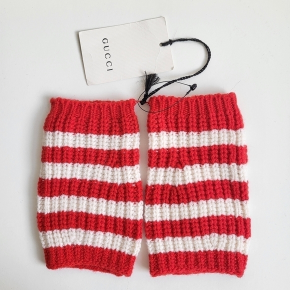 New Gucci 100% Wool Knit Striped Red/White Fingerless Gloves NWT Size Medium - Picture 3 of 8
